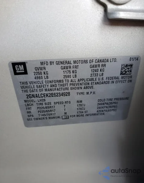 2014 Chevrolet Equinox Lt from USA, damaged, VIN 2GNALCEK2E6234928